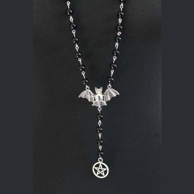 Gothic Halloween Jewelry Rosary Necklace Gothic Silver Bat Pent Pagan Pentagram Pent Necklace for Wo