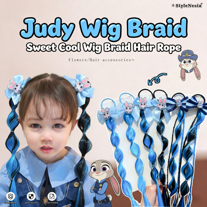 Kepang Rambut Palsu Anak Warna Ombre Biru Judy - Set Lengkap dengan Jepit Rambut Karakter Kelinci Lu