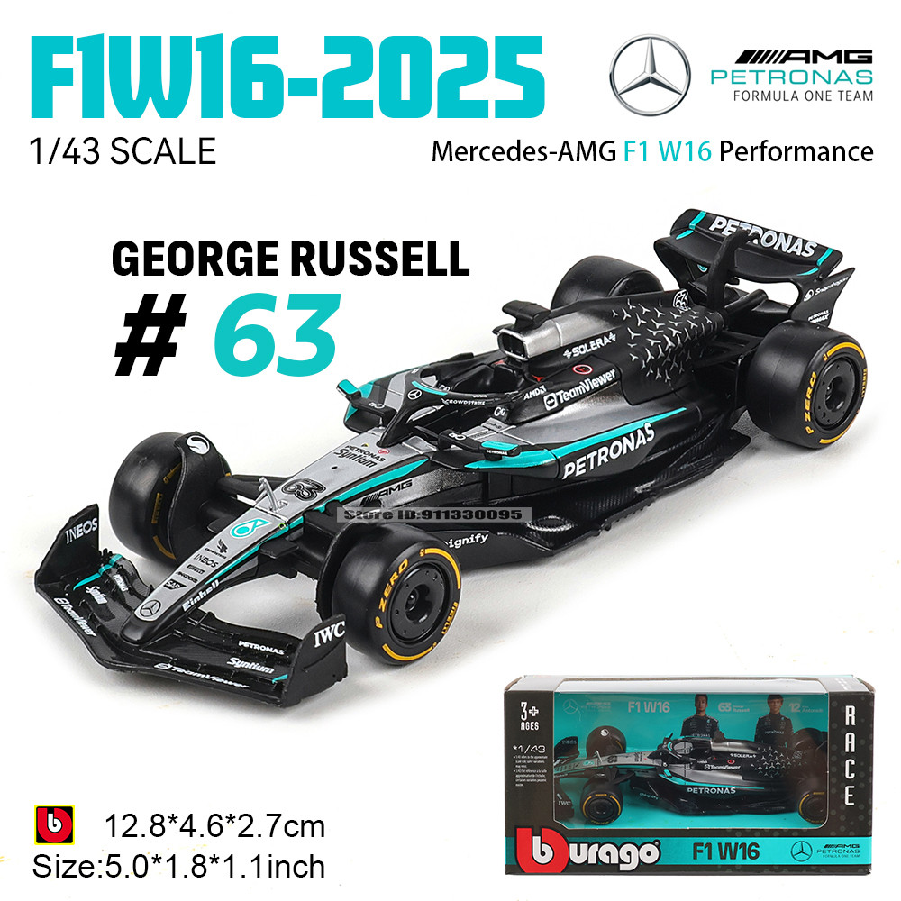 Bburago 1:43 F1 Mercedes-AMG 2025 W16 #63 George Russell #12 Kimi Antonelli Alloy Car Die Cast Model