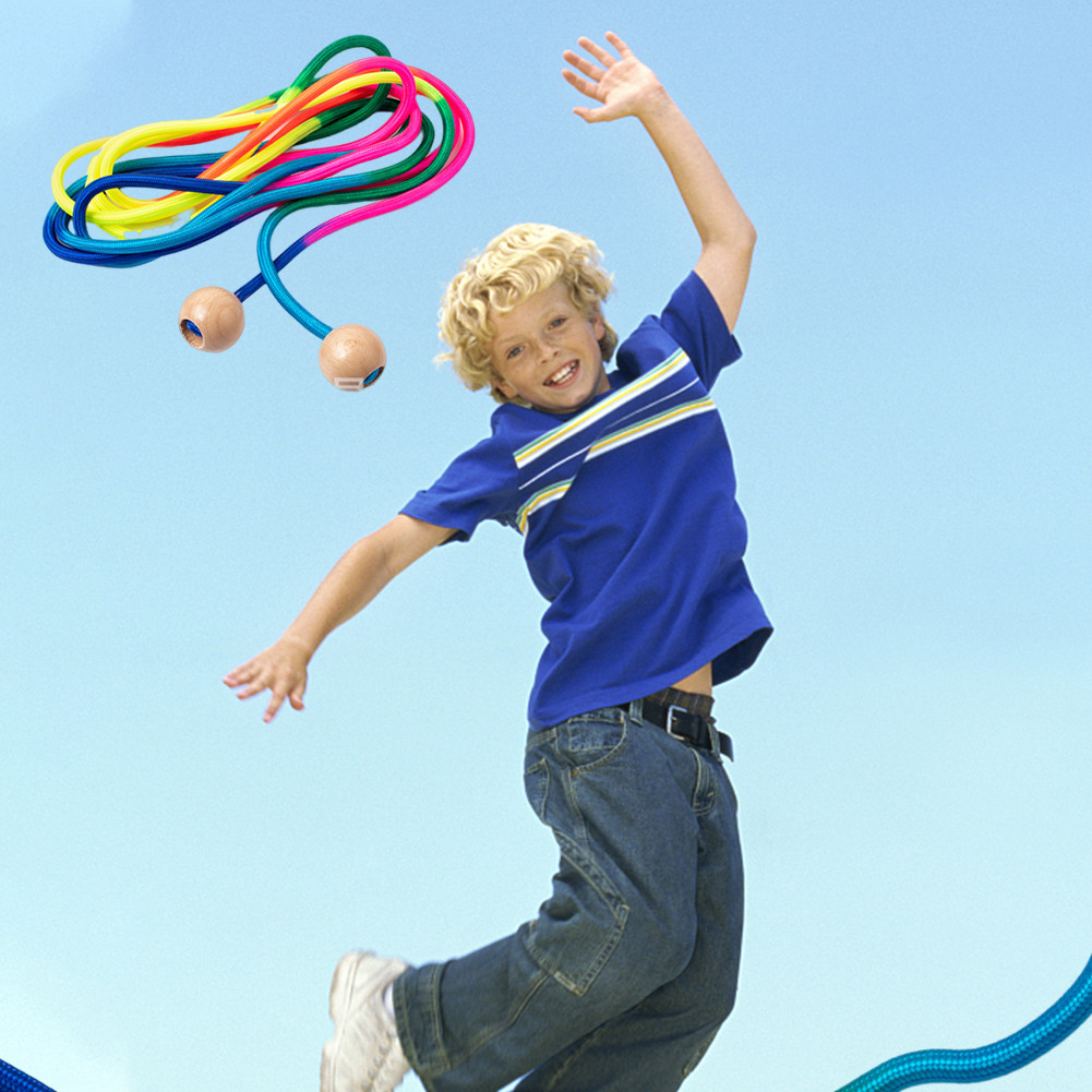 5m Rainbow Long Rope Group Skipping Rope Wooden Ball Handle Speed Skipping Rope Adjustable Length Ju