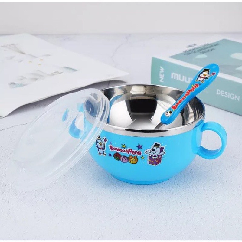 Mangkuk Stainless Bayi / Mangkok Anak Dengan Tutup Dan Sendok