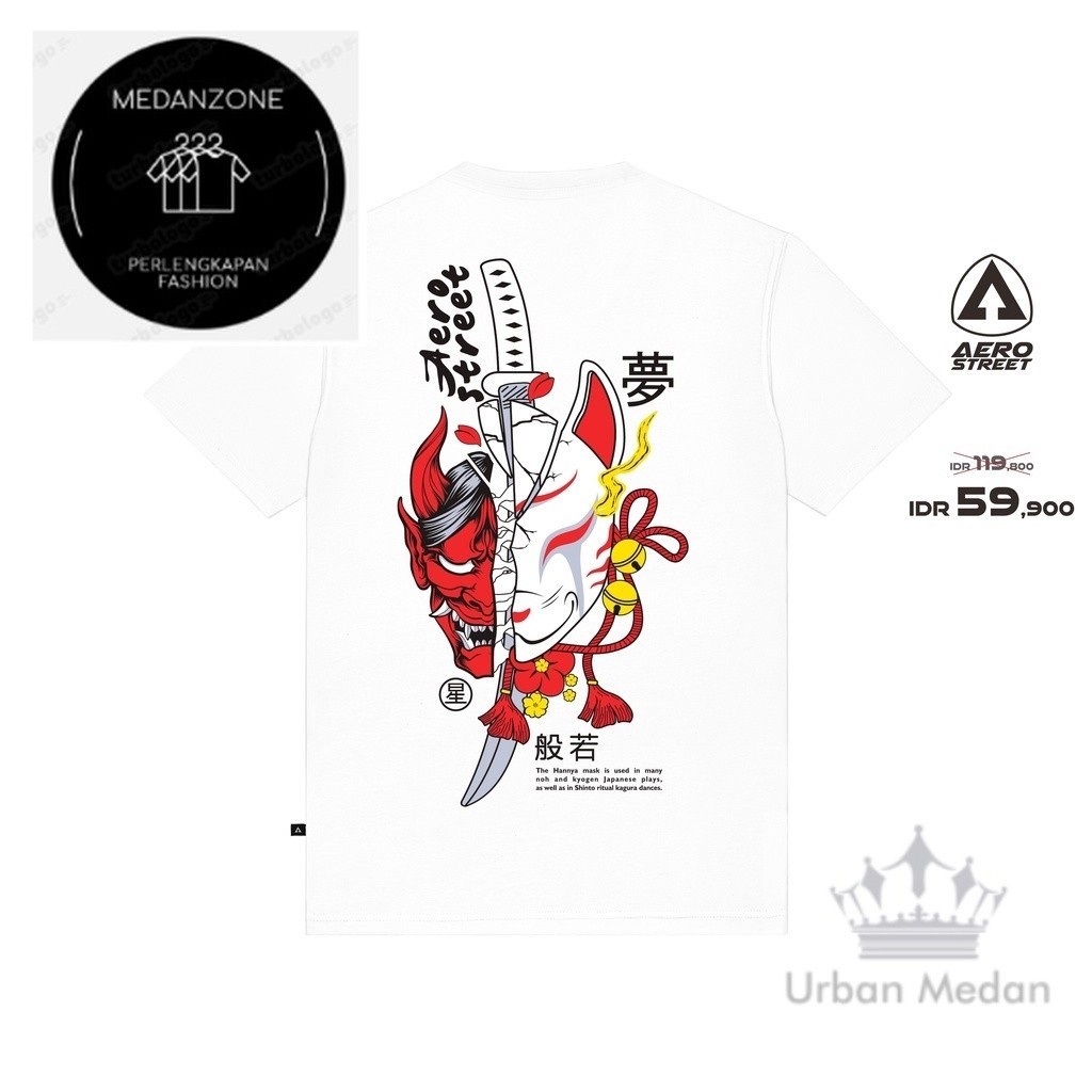 Aerostreet T Shirt Hannya Kitsune Putih Kaos T-Shirt Tshirt ABDAA