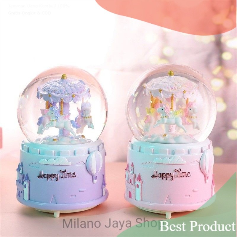 Snowball Unicorn Kotak Musik Glitter Lampu Bola Salju Kristal Kaca Kado Ultah Snow Globe Hadiah Birt
