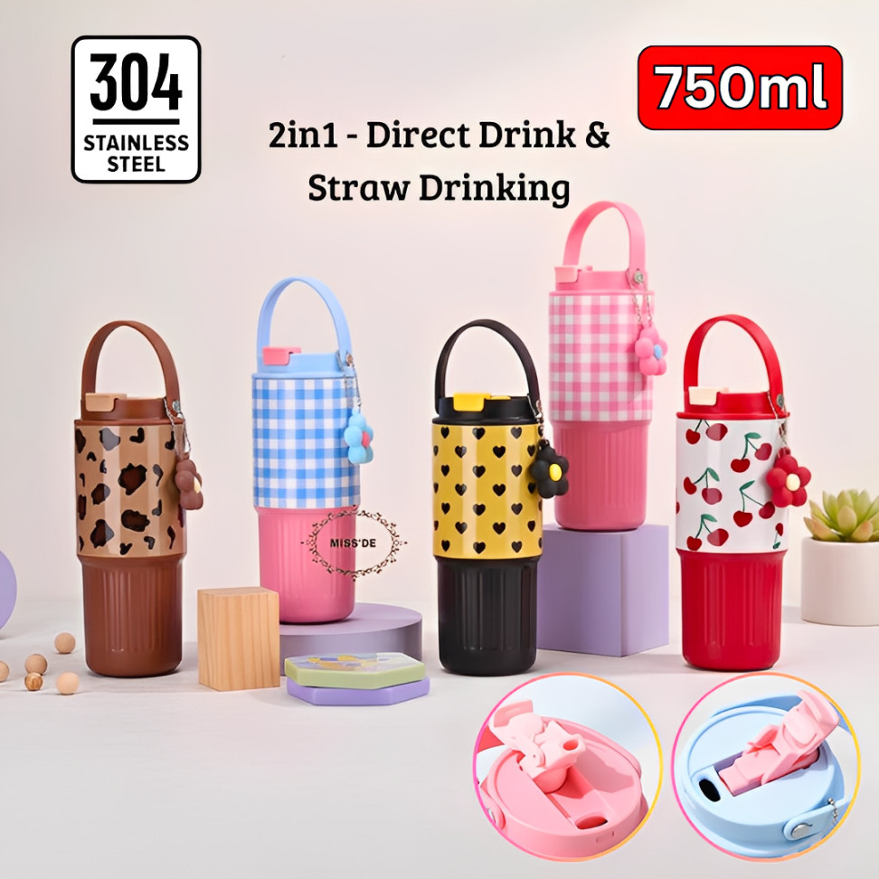 Tumbler Mug 2in1 Stainless Steel 750ml / Gelas Minum Sedotan / Tumbler Aesthetics With Handle Nana