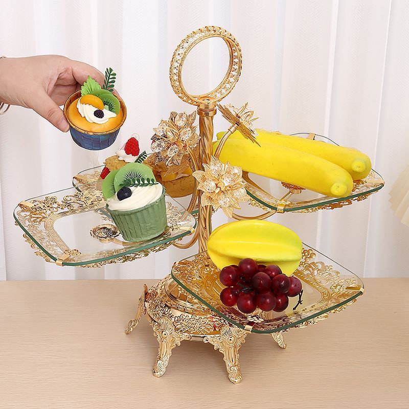 Piring Buah Emas 4 Lapis Gaya Light-luxury Dekorasi Pajangan Rumah Kaca Piring Kaca bening Piring Hi