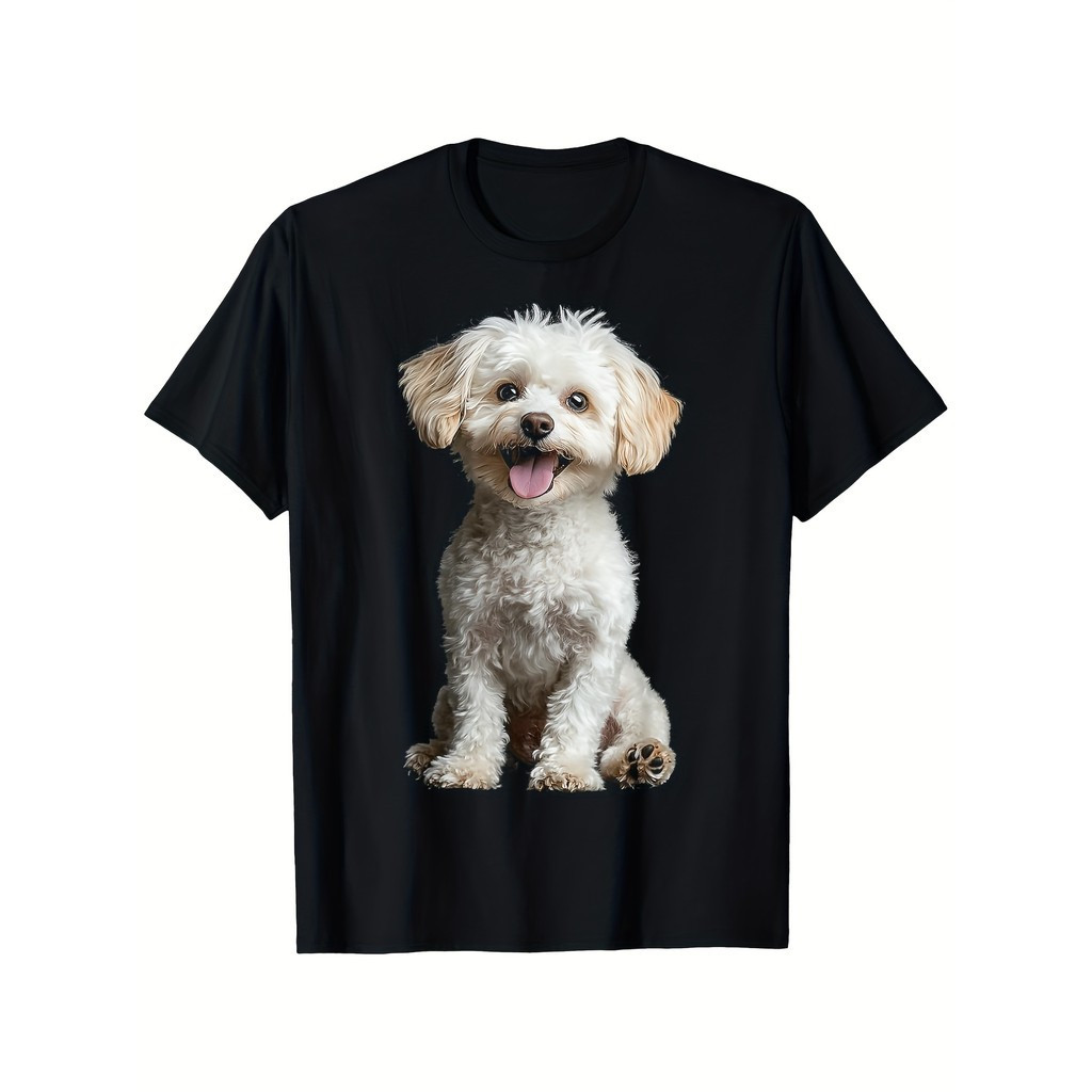 Kaos Grafis Anjing Maltipoo Putih Lucu dan Lembut untuk Pria - Kaos Katun Bernapas, Cuci Mesin, Leng
