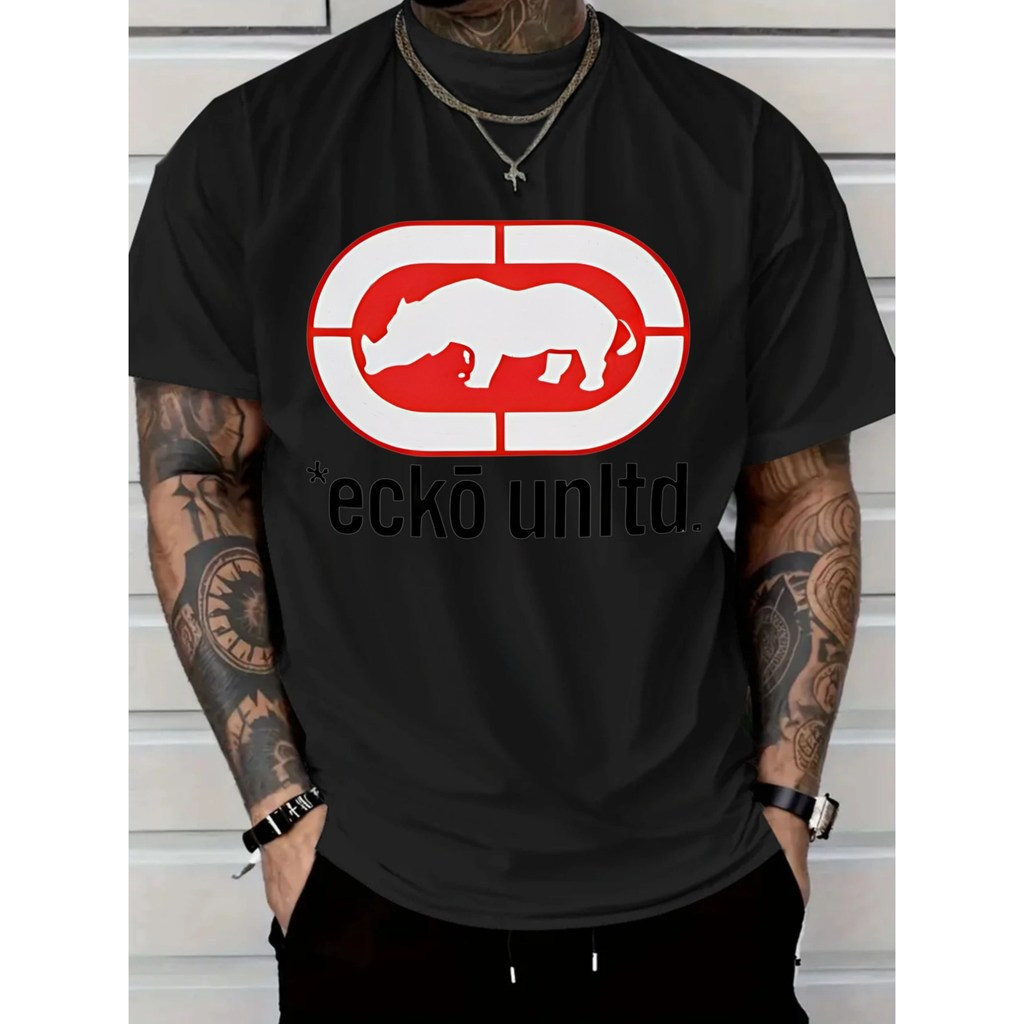 Kaos Kasual Pria Katun Ecko Unltd Logo Rhino Leher Bulat Regular Fit