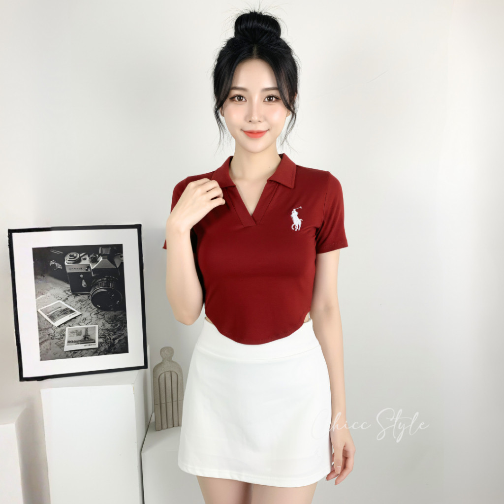 Crop Top V Neck Oval Short Sleeve / Atasan Wanita Kerah V Neck Polo