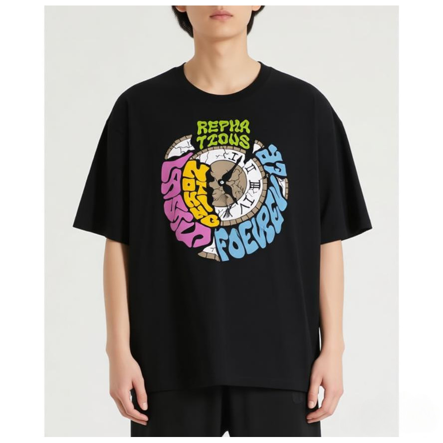 Baju Baggy Hitam Grafik Graffiti Warna-Warni Jam Pecah - Kaos Streetwear Graffiti Retro