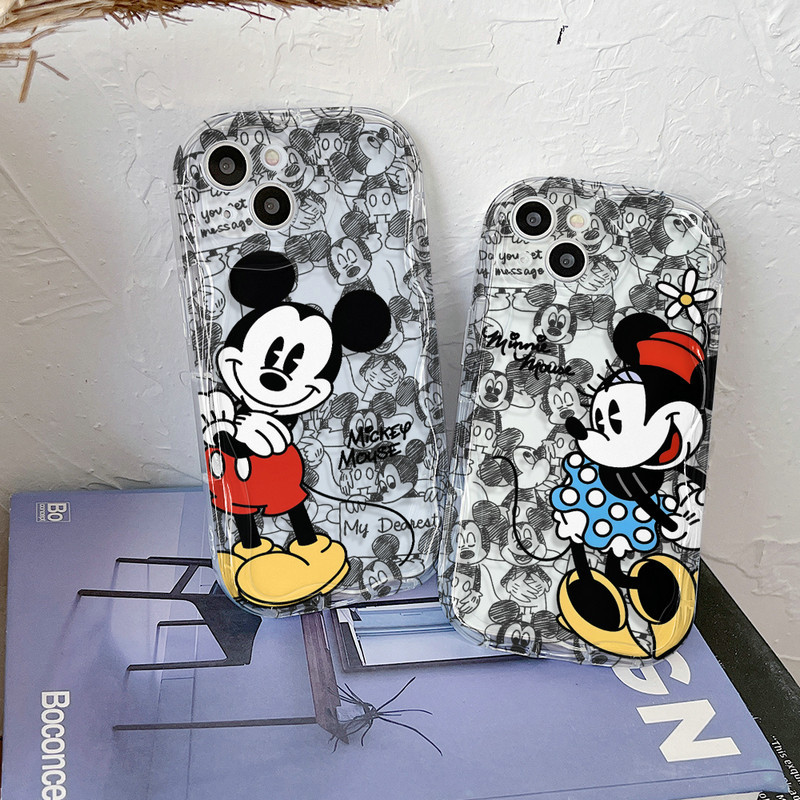 Transparan Gelombang Casing Motif Pasangan Mickey Untuk iPhone 15 14 13 12 11 Pro X XR Xs Max 6 6s 7