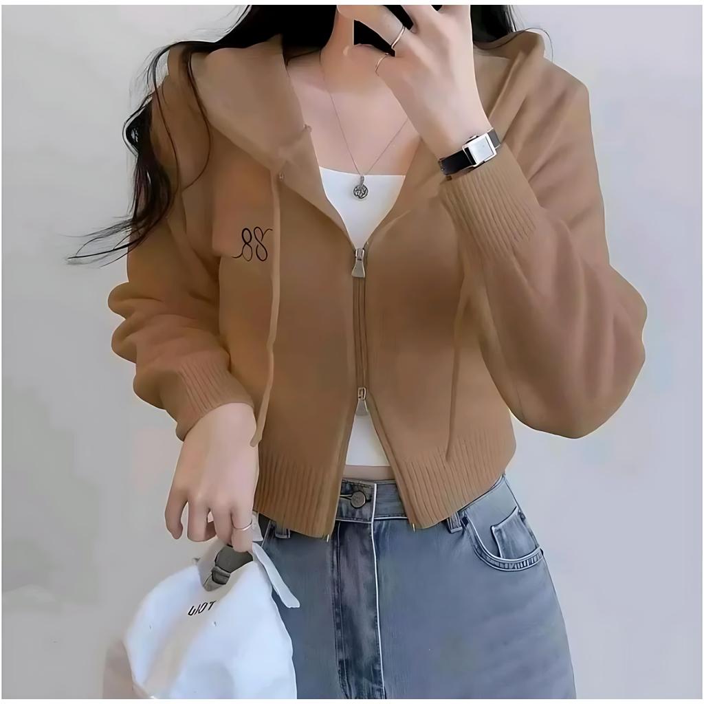 SS  JACKET DOUBEL ZIPPER CROP TOP STYLE ATASAN WANITA KOREAN BLOUSE cewek skena hoodie