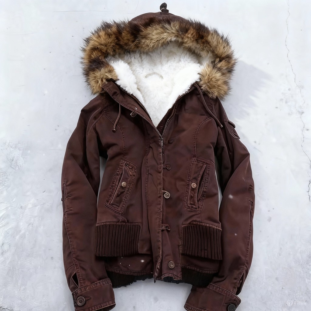 American Vintage Y2K Fur Lined Bomber Jacket Womens Brown Hooded Coat with Faux Fur Trim and Ribbed 