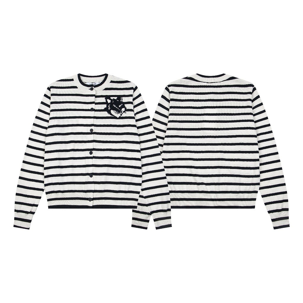 ori 804# Maison Kitsune Wanita Baru Kedatangan Leher Bulat Bergaris Rajutan Cardigan Sweater dengan 