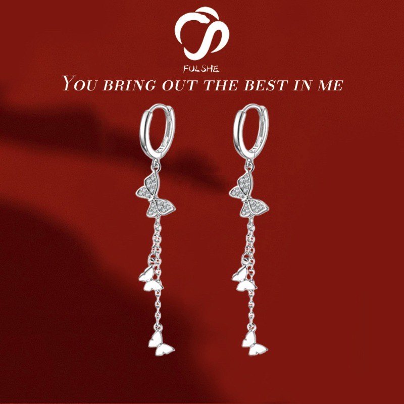 FULSHE Anting-anting Rumbai Asli Berlian Berkilau Kupu-kupu Lapisan Emas Putih Gaya Korea