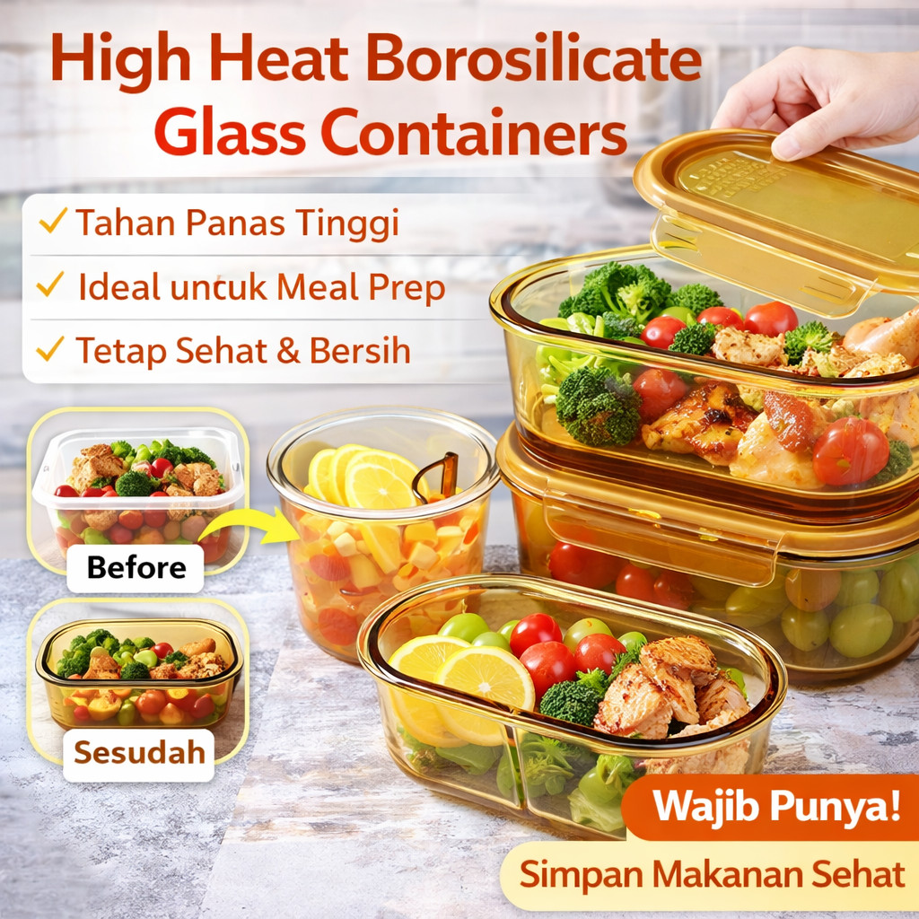 Kotak Makan Diet Tahan Panas Borosilicate Amber / Tempat Penyimpanan Buah Segar Glass Food Container