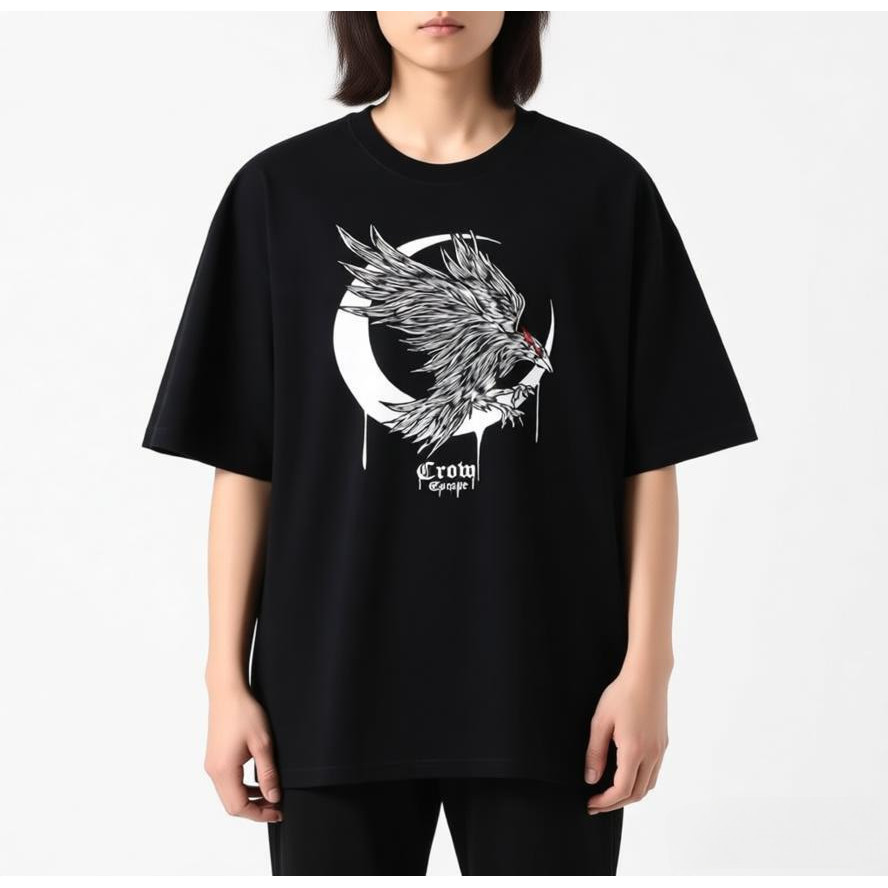 Gothic Crow   Crescent Moon Black Oversize T-Shirt   Dark Punk Streetwear Tee