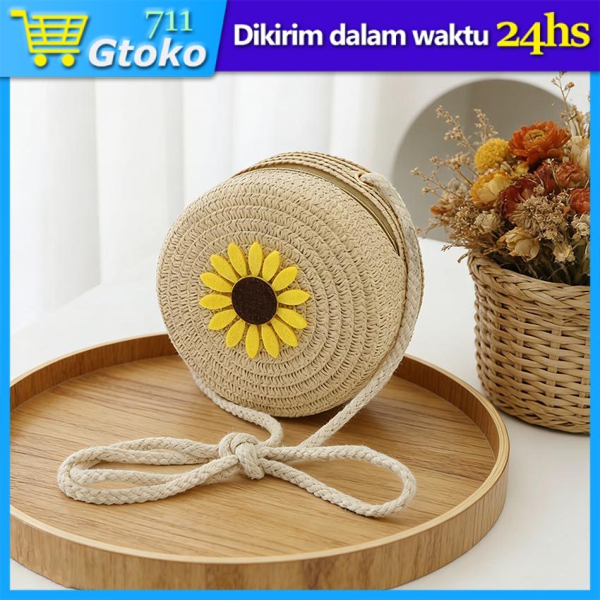 Tas Selempang Anak Anyaman Bunga Matahari Tas Bahu Mini Sling Bag Pouch Tas Anak Korean Style