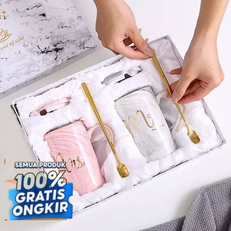 Gelas Marbel Keramik | Couple Gift Set Gelas Keramik Hampers Souvenir Mug Cangkir Cantik Parsel Leba