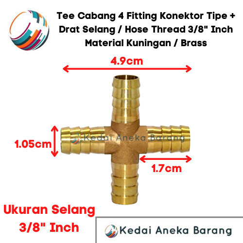 GJ99 Tee Cabang 4 / + Konektor Kuningan Sambungan Selang Gas 3/8 3/8" Inch