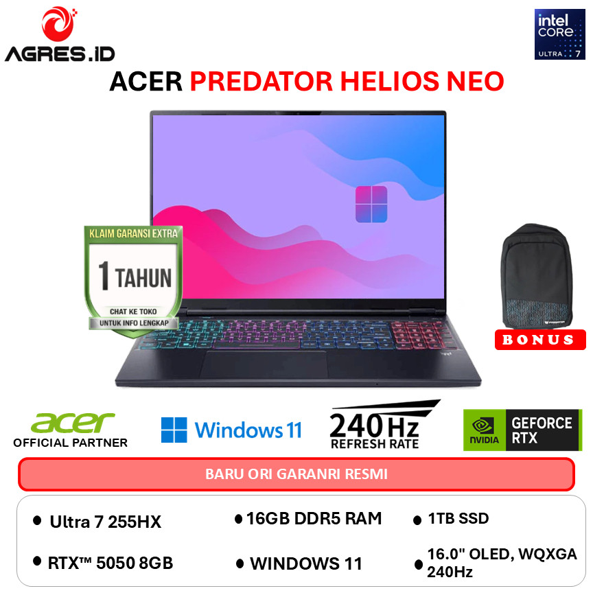 ACER PREDATOR HELIOS NEO 16S AI OLED ULTRA 7 255HX RTX5050 8GB - 16GB 1TB W11+OHS 16.0WQXGA-71-70Y9