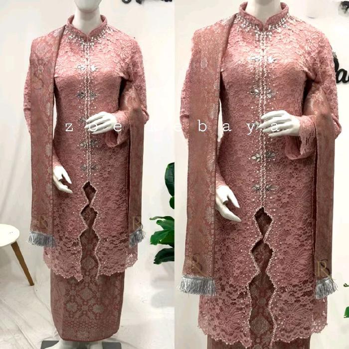 setelan kebaya brukat busui payet zigzag modern kekinian rok songket plus selendang resleting depan 