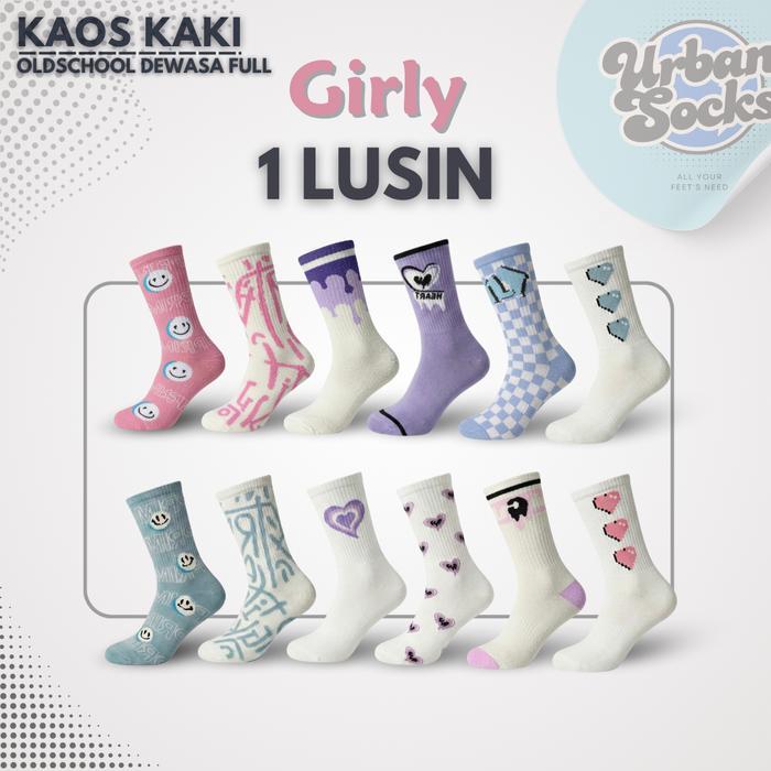 URBANSOCK - [ LUSINAN ] Kaos Kaki Oldschool Motif Lucu Girly - Panjang Sebetis Dewasa - Wanita Sport