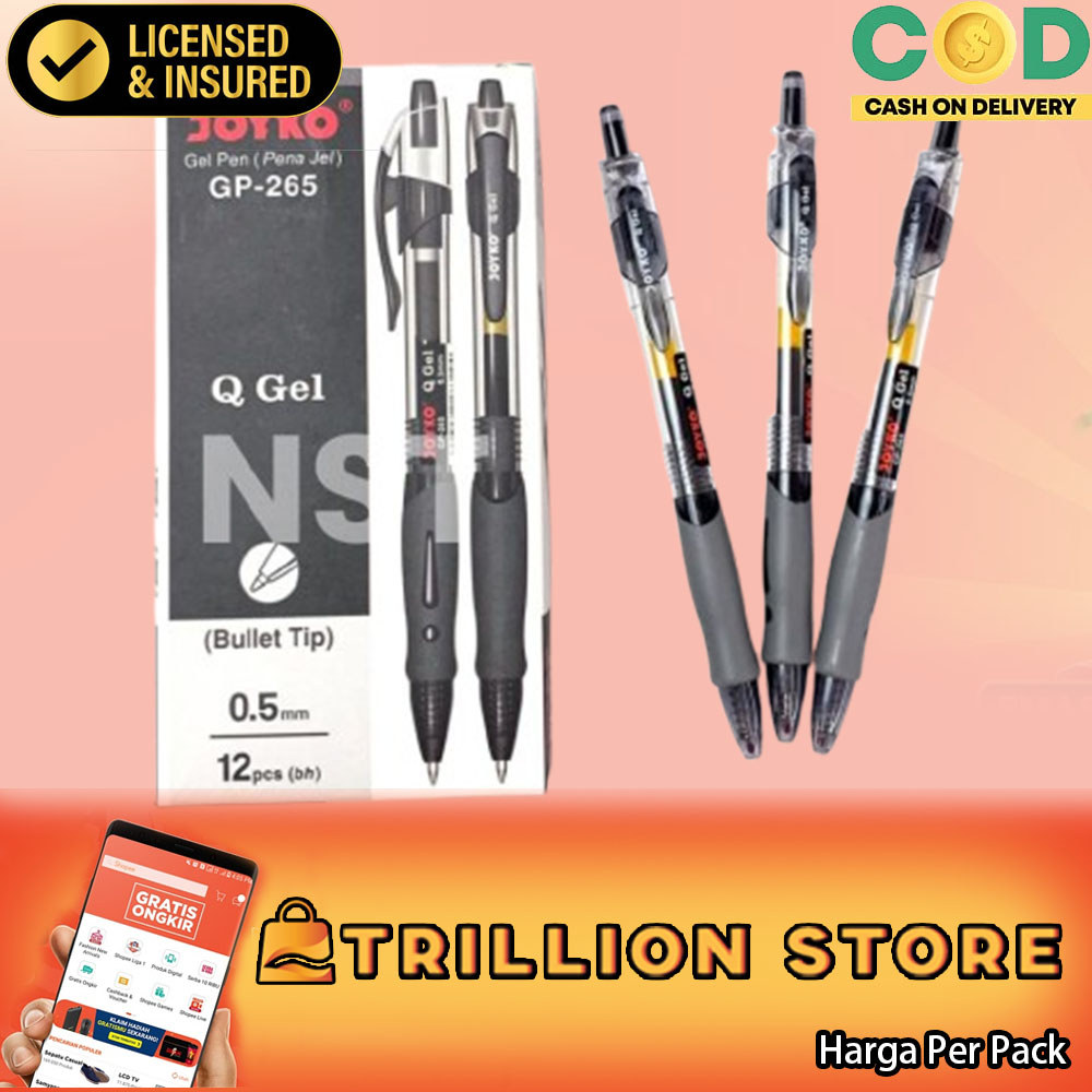 Pulpen Merk Merek Joico Jk- GP 265 Gel Pen Bullet Tip Gp265 Tinta Black Hitam Lancip Bolpoin 12Pcs K