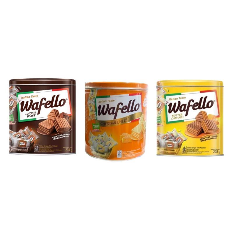 Wafello Kaleng 234g/228g - Wafer Dengan Krim Berbagai Rasa Dan Dikemas Satuan Dalam Kaleng