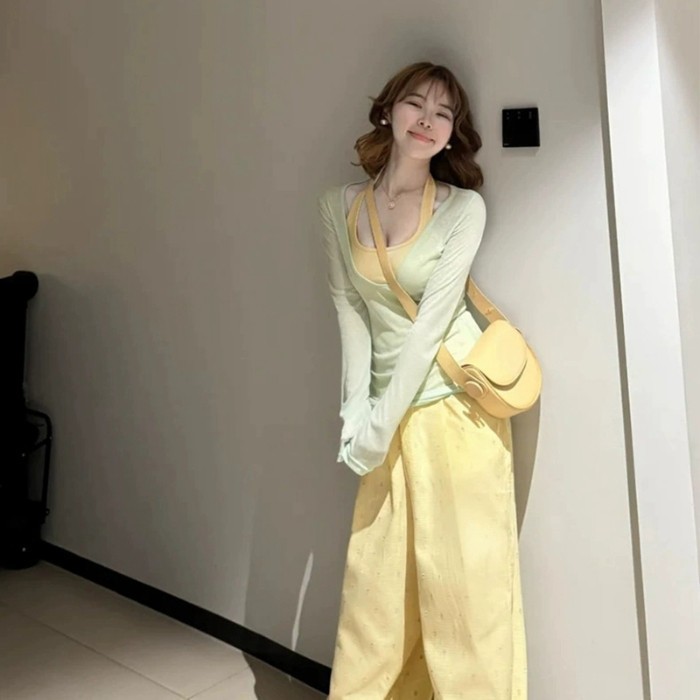 [Saror]Blus transparan hijau mint dan kamisol set dua potong untuk wanita