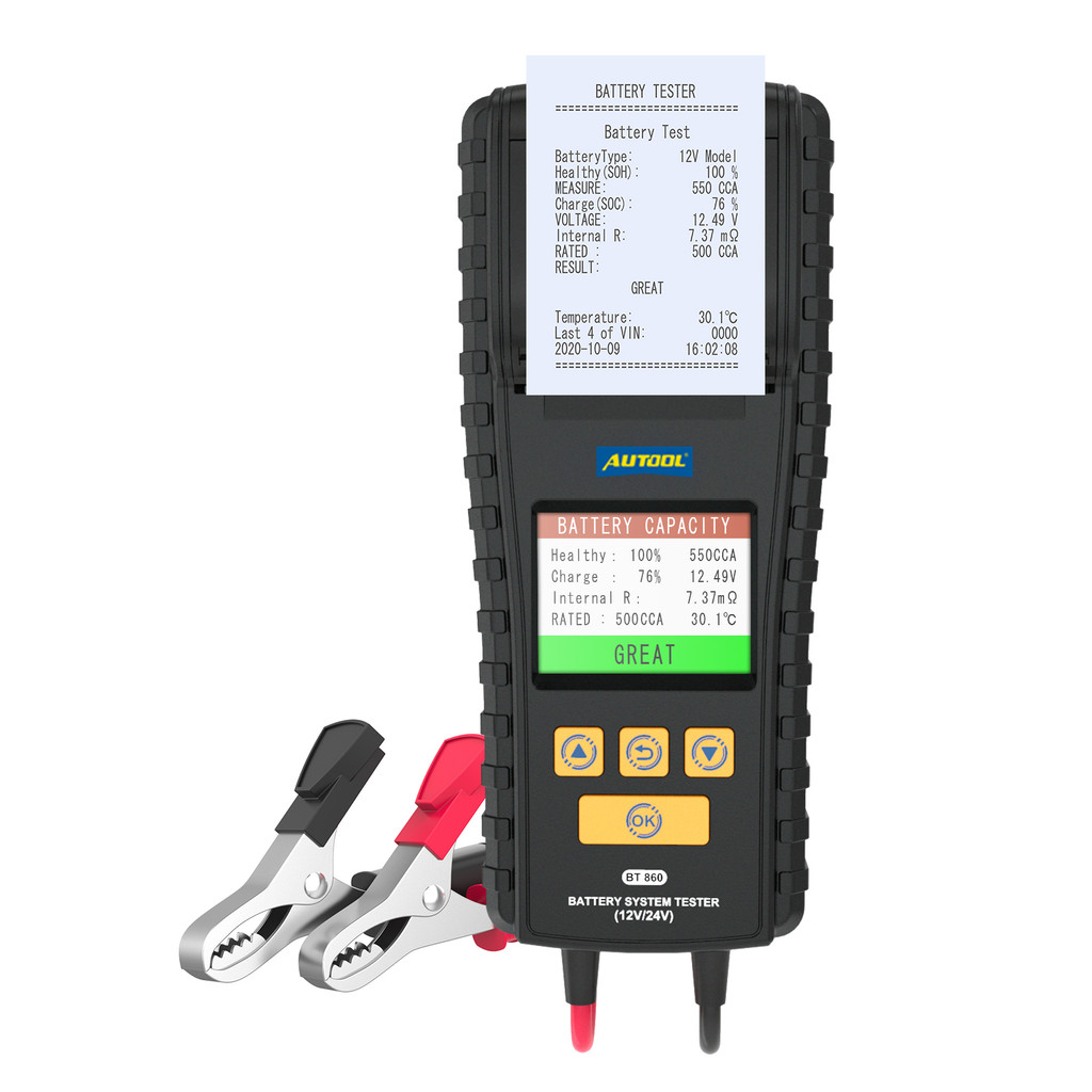 AUTOOL BT860 Automotive Battery Tester With Printer Car Charger  24V 12 V Battery Car Battery Tester