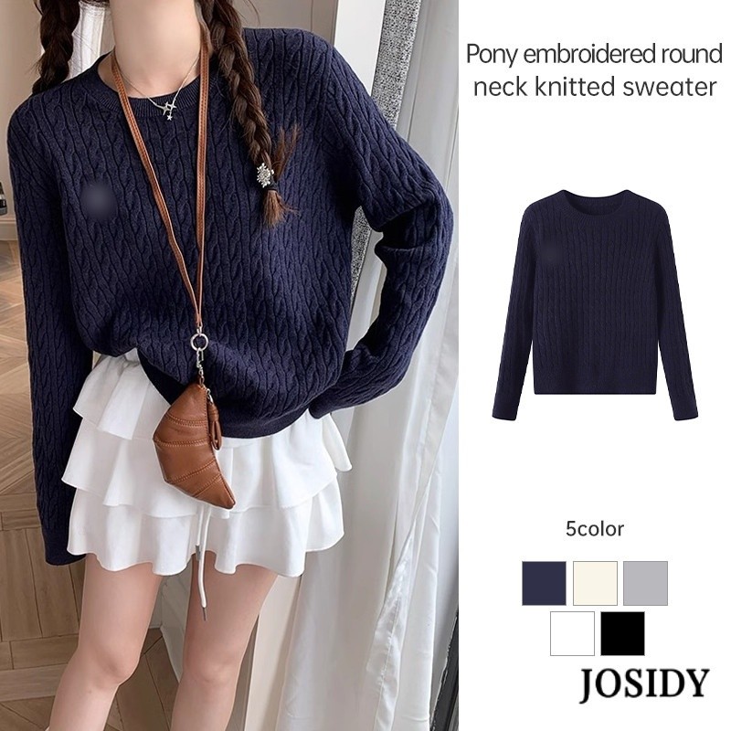 Baju Rajut Leher Bulat Bordir Kuda Baju Bottoming Sweater Rajut Gaya Korea wanita Wanita JD