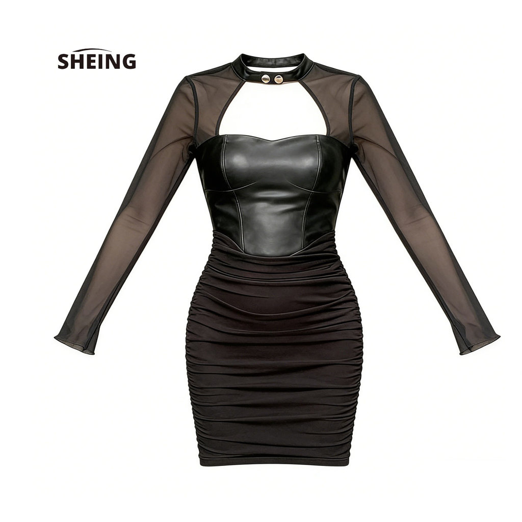 SHEING Dress Mini Wanita Hitam Mesh Kulit Penyambungan Lengan Panjang Dingin Pinggang Ketat Pinggul 