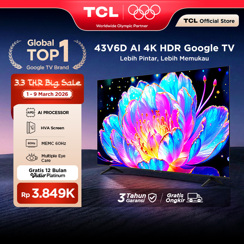 TCL AI 4K Google TV 43 inch V6D - MEMC - HDR 10 - HVA Panel - Dolby Audio - Google Play/Netflix/Yout