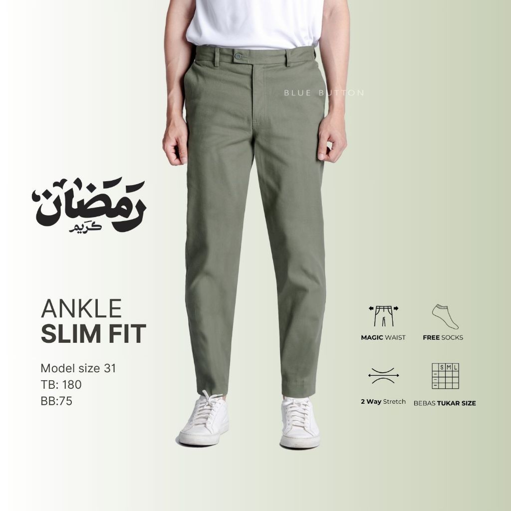 PROMO BLUEBUTTON Celana Chino Ankle Pants Slim Fit Celana Panjang Pria Sage