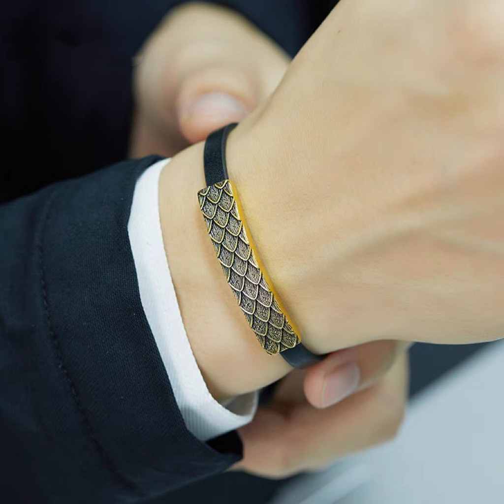Gelang Sisik Naga Emas Hitam Pria, Gelang Naga Pasangan Fashion Hitam Keren