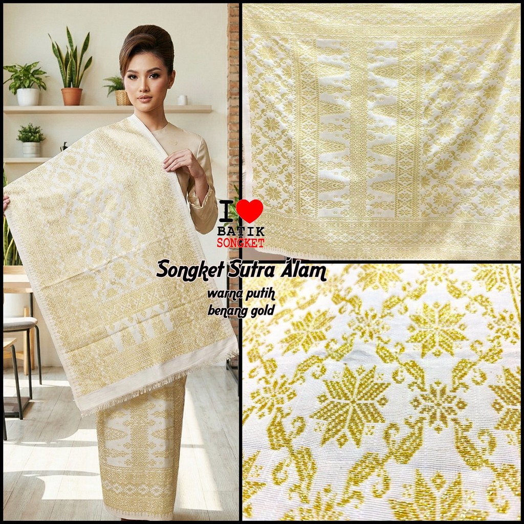SONGKET SUTRA ALAM MOTIF 3 BENANG EMAS TENUN PALEMBANG MEDAN MINANG LEPUS PUTIH KREM