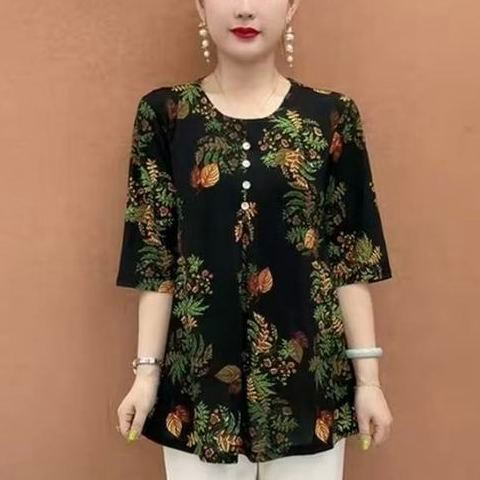 Busana paruh baya berlengan sedang T-shirt atas pengurang usia pakaian ibu ala luar negeri kemeja wa