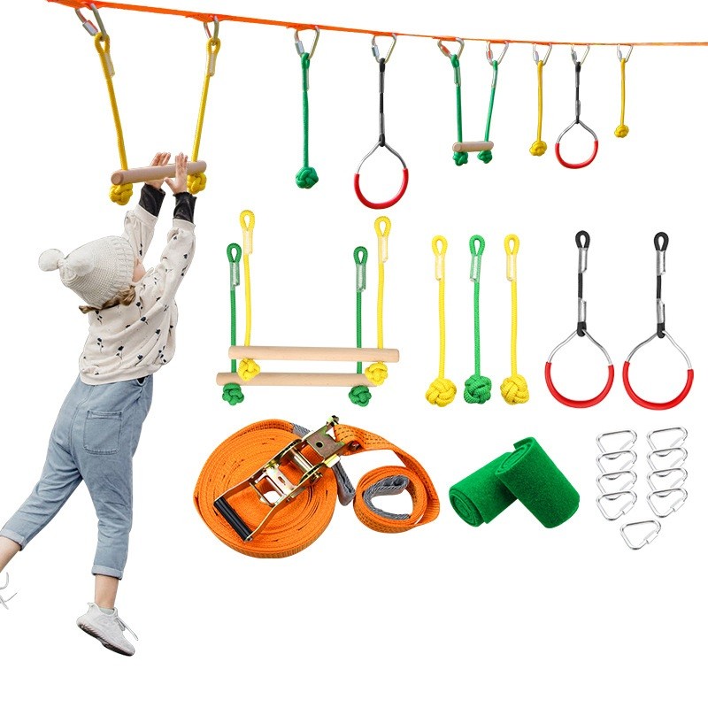 ildren's Slackline Bar Kit Ninja Rope Obstacles Sling Training Equipment Ring Monkey Pole