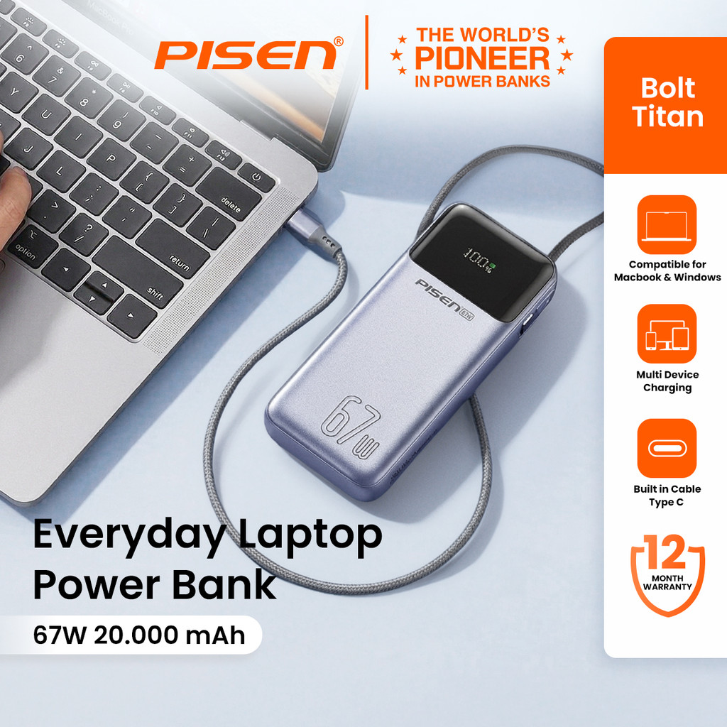 PISEN - BOLT TITAN Laptop Power Bank 67W 20000mAh Ultra-fast Charging with Built in Type C Cable and