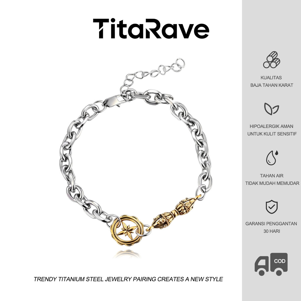 TitaRave Gelang Titanium Baja Pria Unik Emas Batang Gantung Tren Vintage Gaya Etnis Perhiasan Wanita