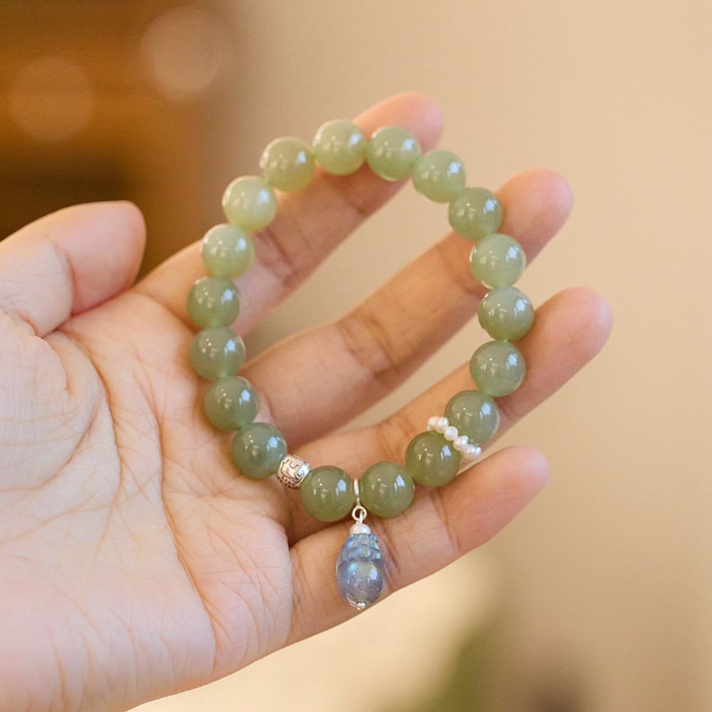 Alam 10MM air jernih Gelang giok Hetian S925 perak, batu bulan Pixiu gelang lingkar tangan 14-16cm