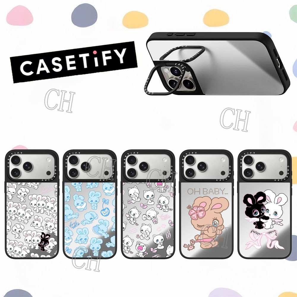 CASETIFY Bracket Bingkai Cermin Foxy Illustrations Bunnies Cats Blue Cherry Hard Plastic Acrylic Mir