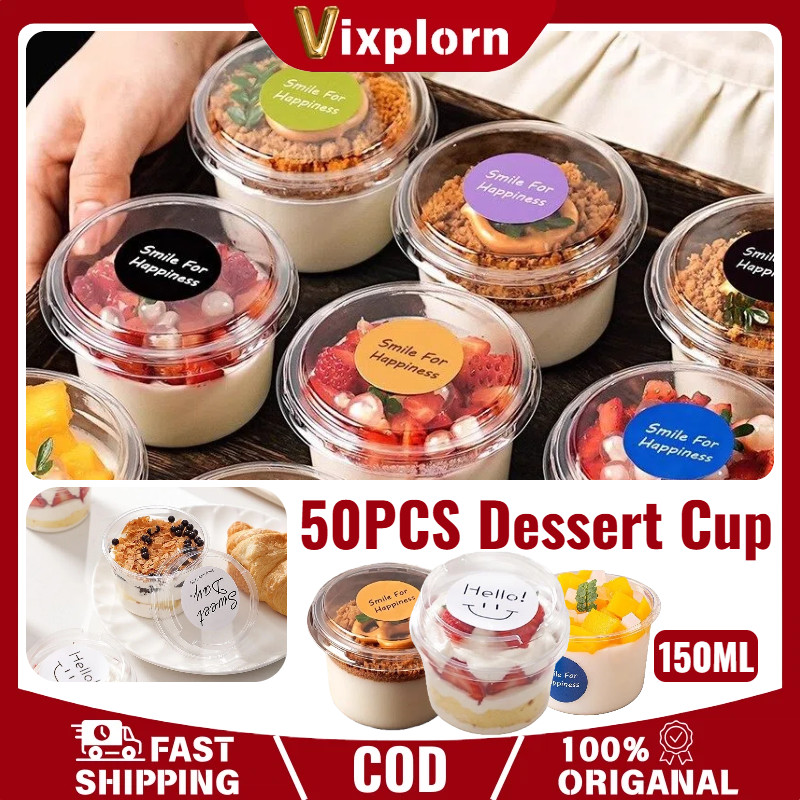 Vixplorn 50PCS Puding Jelly Cup + Tutup Gelas Cangkir Cup Dessert Box Mini 150ML Kotak Dessert Box