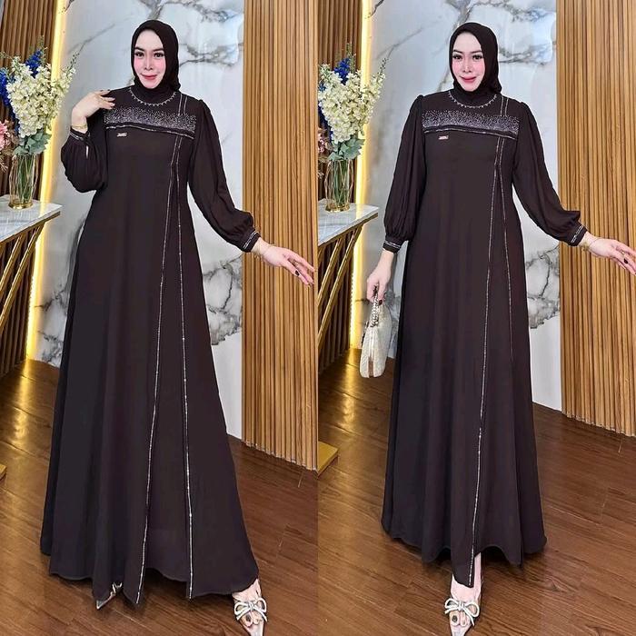 Rahma Dress Gamis Ceruty Babydoll Full Puring Aplikasi Payet Swaroski Dress Abaya Premium Muslim Wan