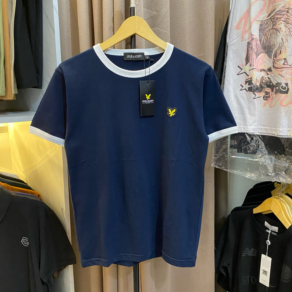 KAOS LYLE SCOTT RINGER NAVY LOGO BORDIR T-SHIRT BAJU PRIA WANITA LENGAN PENDEK DISTRO BRANDED UNISEX