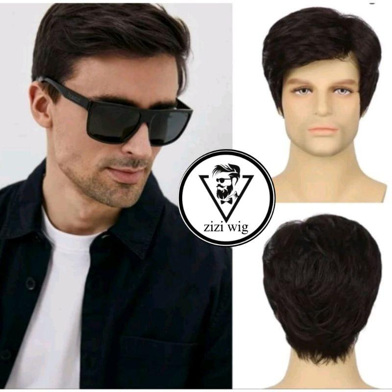 Wig Pria Korea Style Rambut Pendek Belahan Samping Wig Rambut Palsu Pria Keren Gaya Eropa Wig Murah 