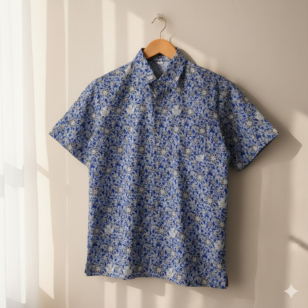 Baju Batik Sekolah Bunga Rampe Biru /Batik Sekolah SMPLengan Panjang Pendek