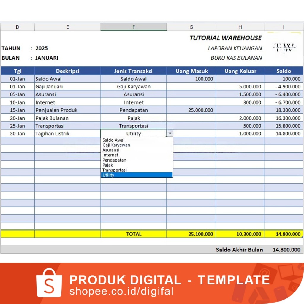 Template Excel Laporan Keuangan Buku Kas Bulanan