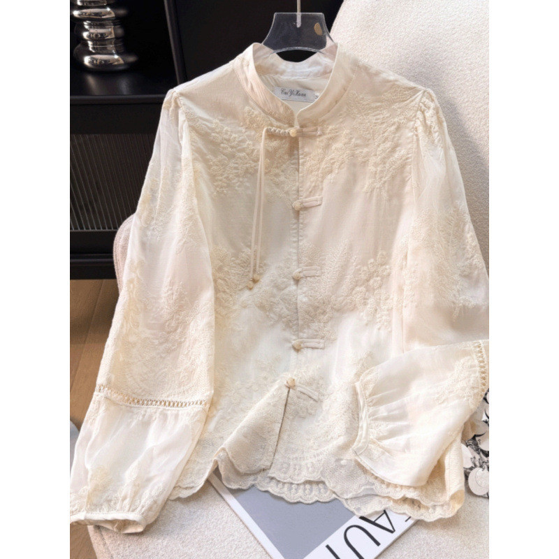 Kemeja Kerah Tinggi Gaya Cina Baru Bordir Atasan Wanita