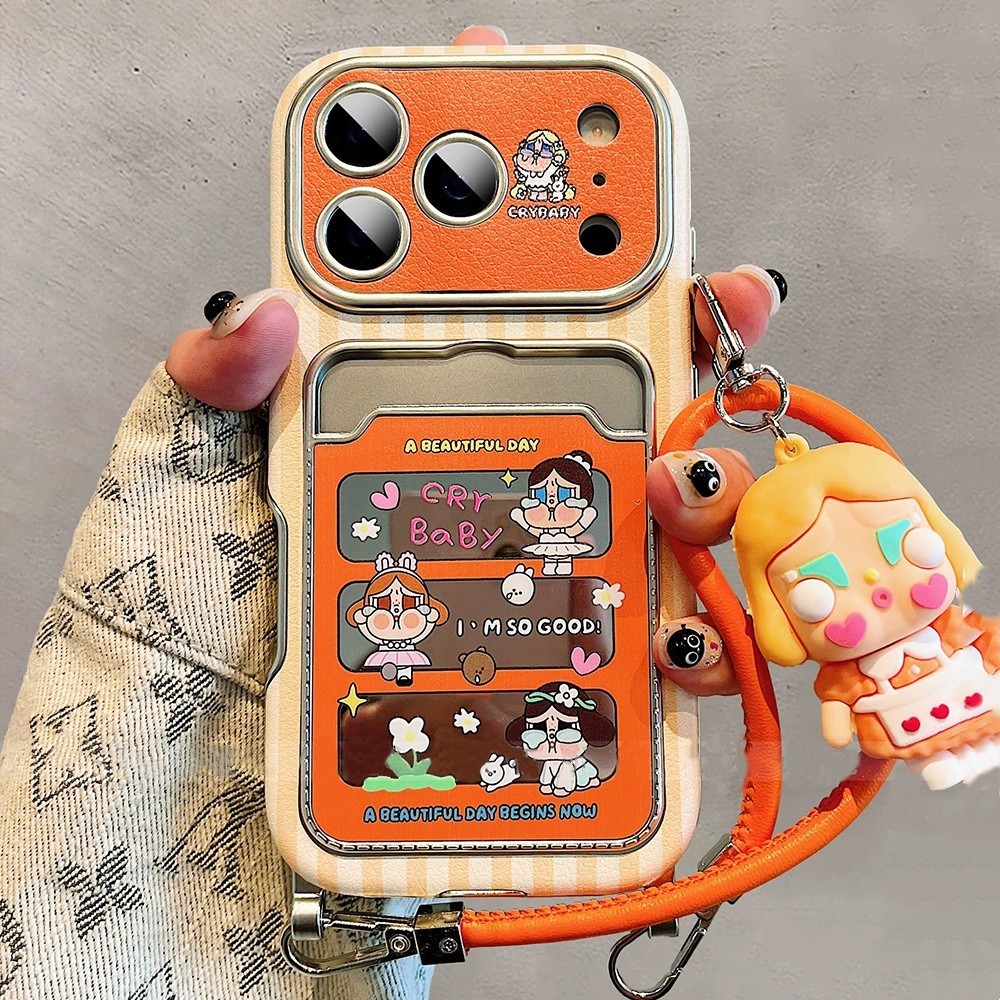 Orange Girl Lanyard Card Bag Plating Kulit Phone Case Untuk iPhone 17 Pro Max 16 15 14 13 Shockproof